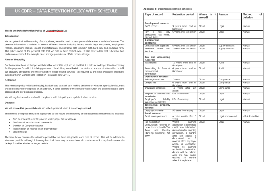 Document specifying lengths of data retainment